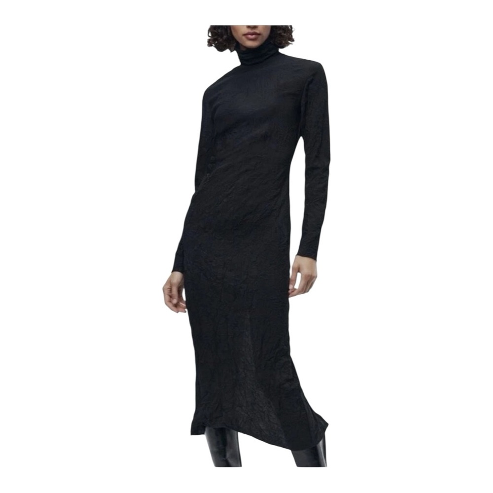 ZARA Woman Black Crinkle High Neck Midi Dress XS Limited Edition - Picture 2 of 9